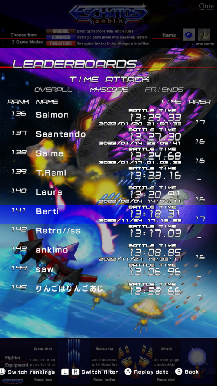 Screenshot: Eschatos online leaderboards of Time Attack mode, showing HUQ at 141st place with a battle time of 13:18.31